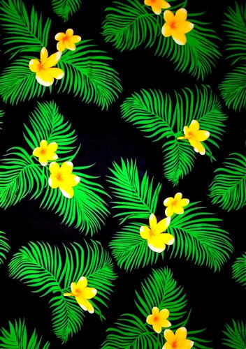 Black Sarong with Green Palm Leaves and Yellow Plumeria Flowers By AllSarongs