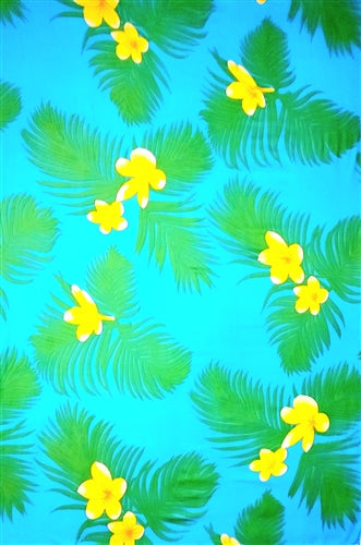 Blue Sarong with Green Palm Leaves and Yellow Plumeria Flowers By AllSarongs