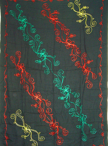 Reggae Sarong - Solid Black with Red, Gold, Green Embroidery By AllSarongs
