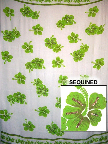 Sequined White Sarong with Green Flowers By AllSarongs