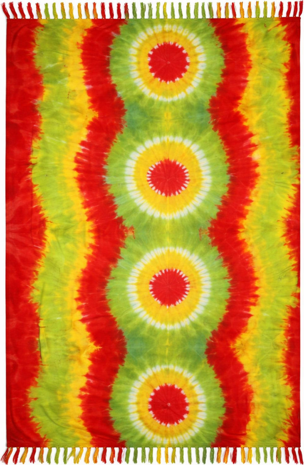 Tie-dye pattern with red, yellow, and green colors on a rectangular fabric.