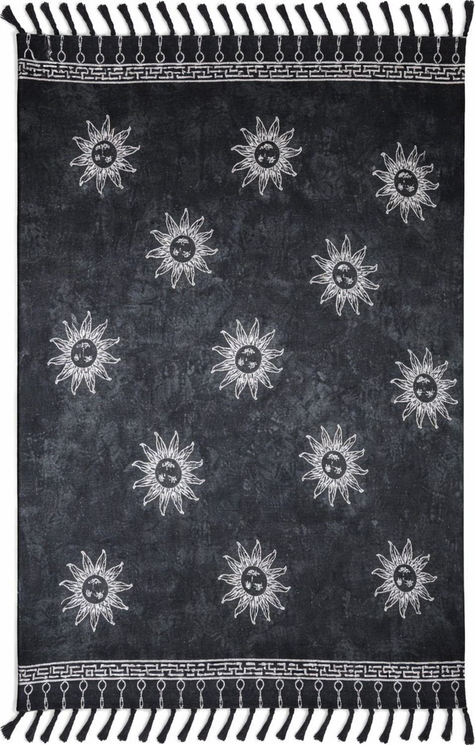 Black sarong with white sun patterns and border