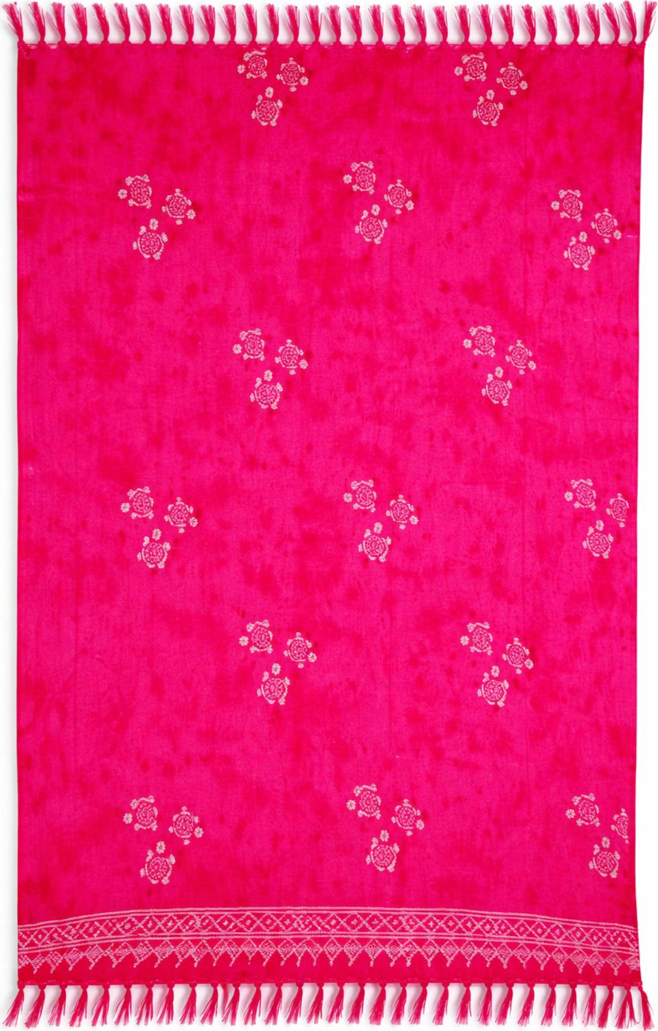 Pink sarong with white patterns and fringe.