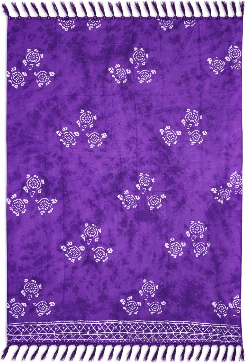 Purple sarong with white turtle patterns and fringe edges