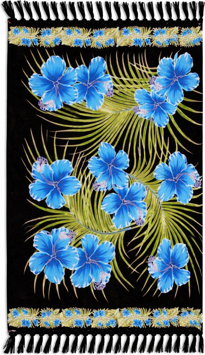 Tropical Hawaiian sarong with blue floral patterns on a black background