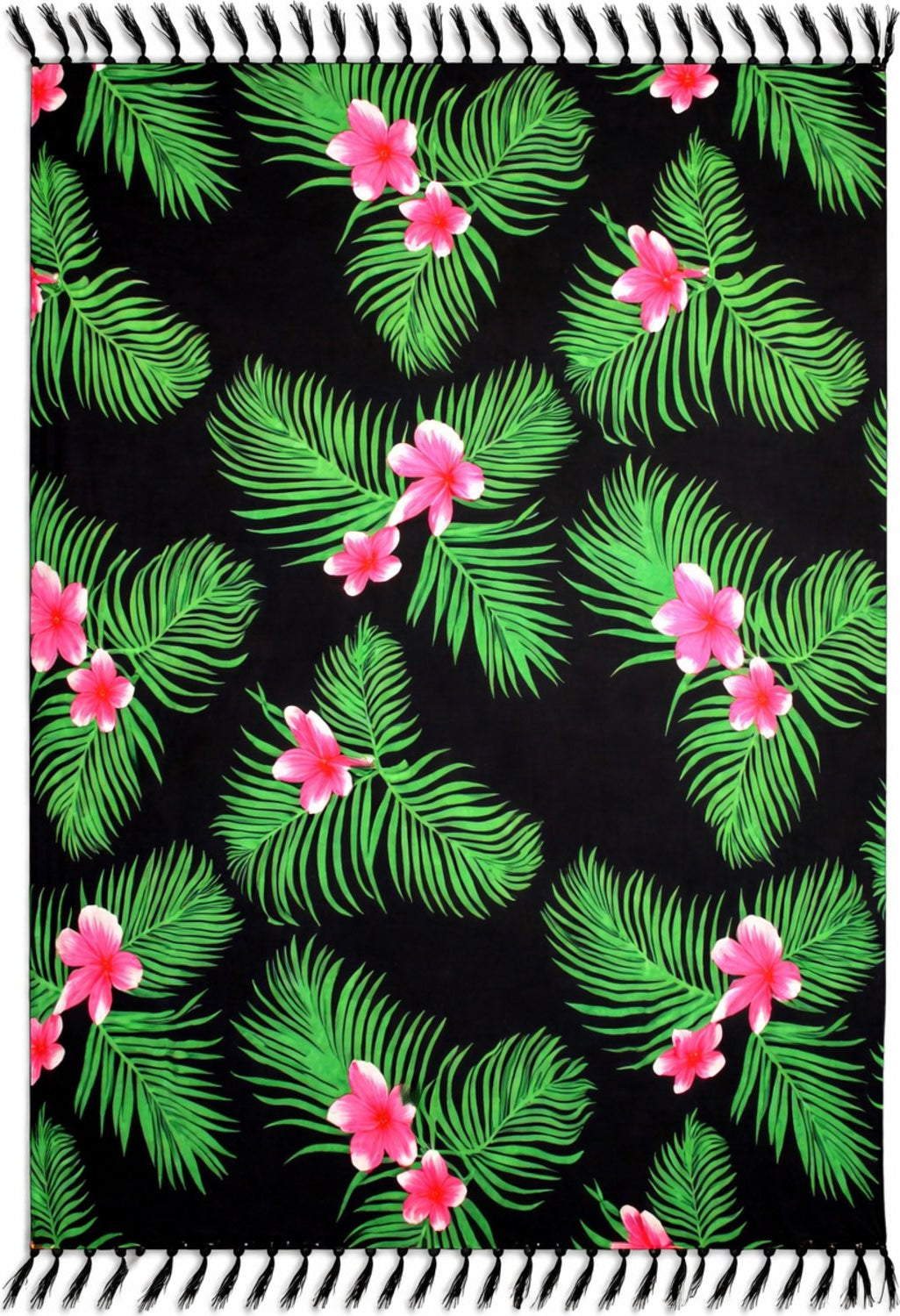 Tropical sarong with leaf and flower pattern on a black background