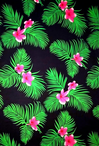 Black Sarong with Green Palm Leaves and Pink Plumeria Flowers By AllSarongs