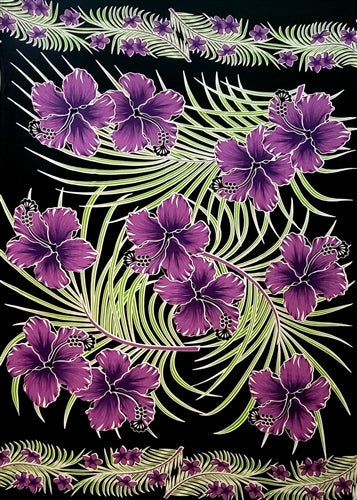 Black Sarong with Green Palm Leaves and Purple Hibiscus Flowers By AllSarongs