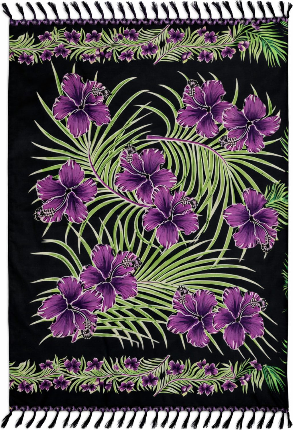 Sarong with purple floral and green leaf design on a black background
