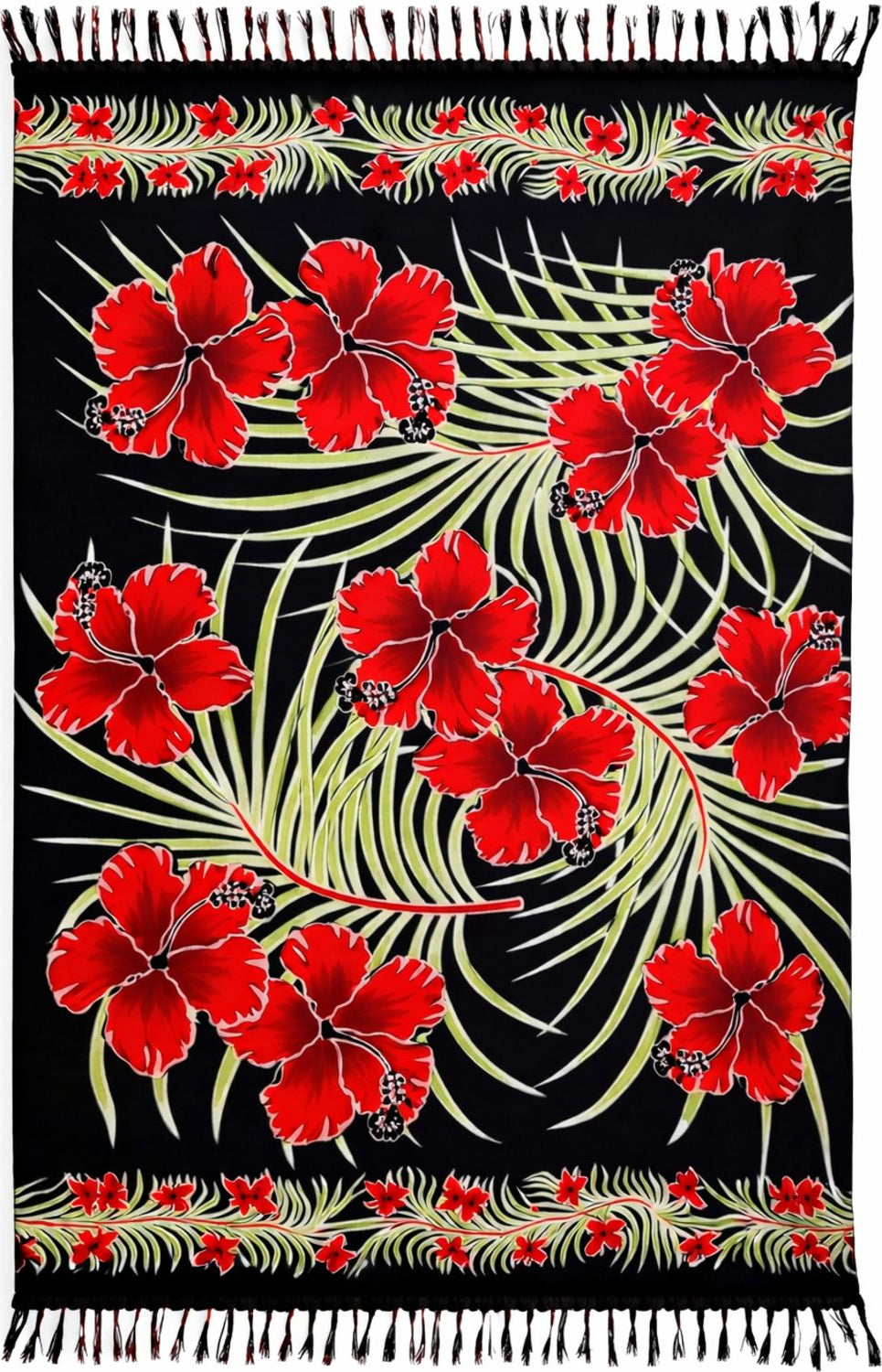 Beach sarong with red floral pattern on a black background