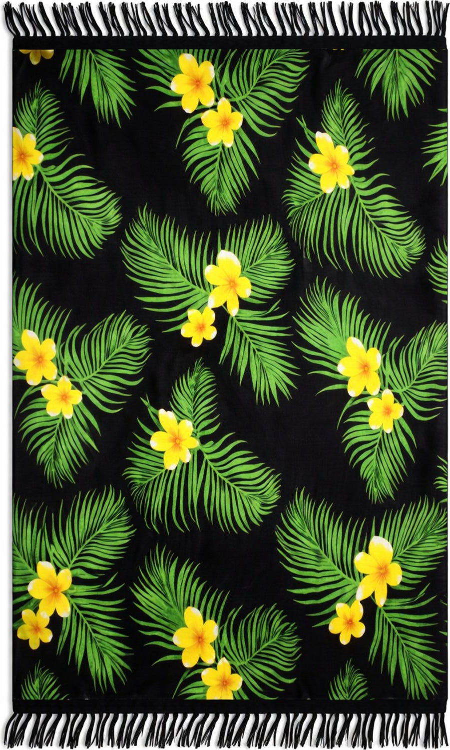 Tropical leaf and flower pattern on a sarong with a black background