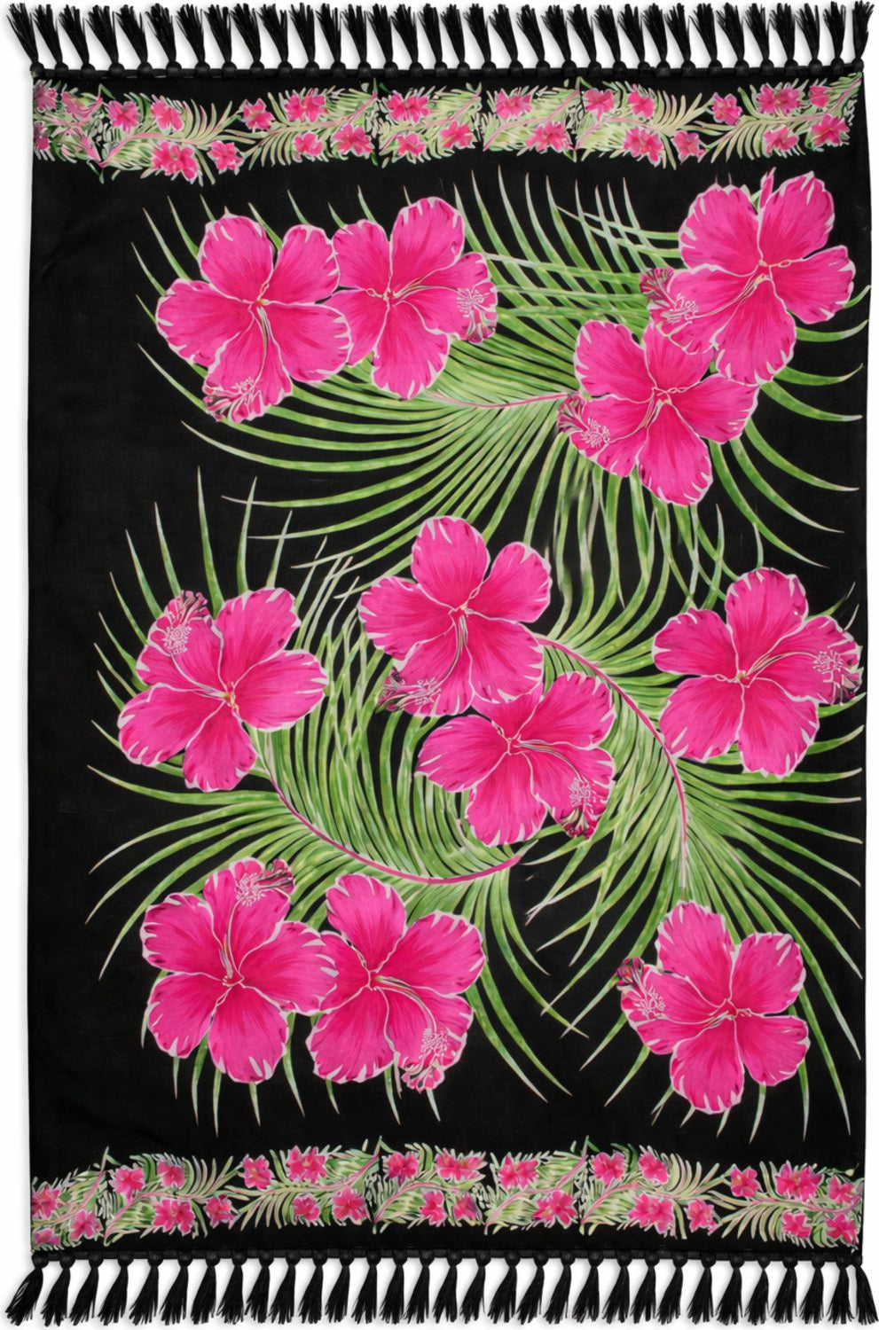 Black sarong with pink floral and green leaf pattern
