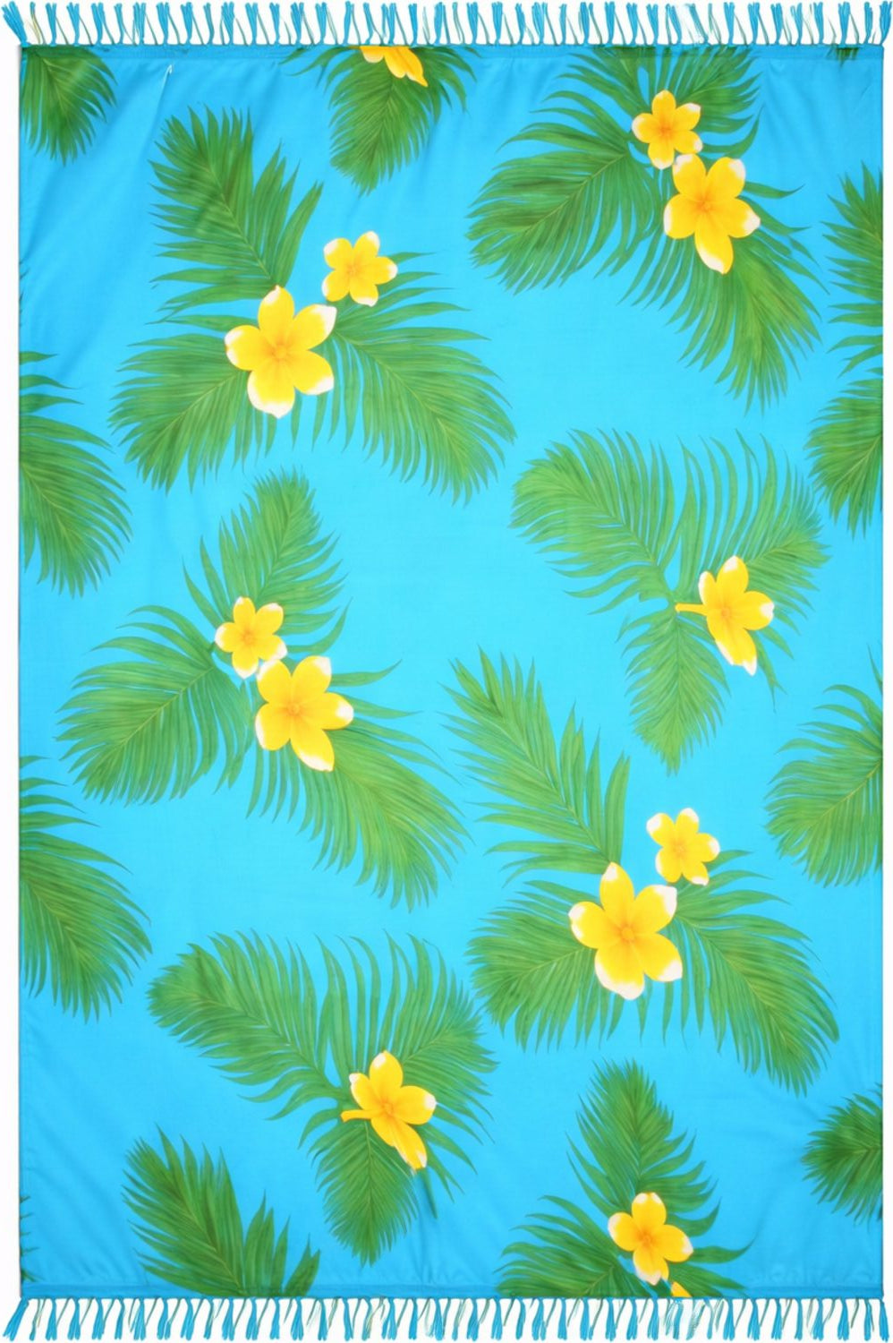 Tropical-themed sarong with green leaves and yellow flowers on a blue background