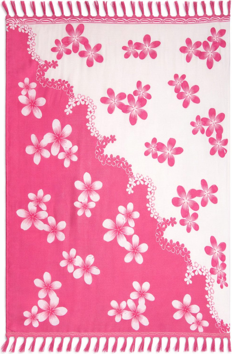 Pink and white floral patterned sarong with fringe.