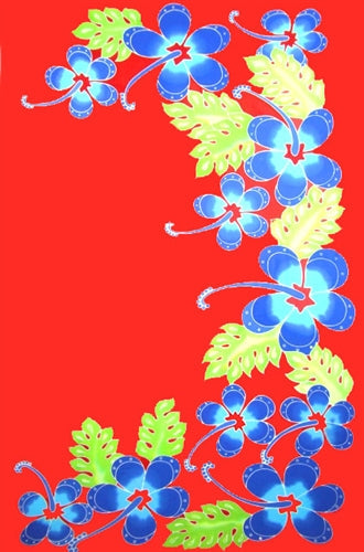 Hand Painted Fancy Sarong Red with Blue Hibiscus By AllSarongs