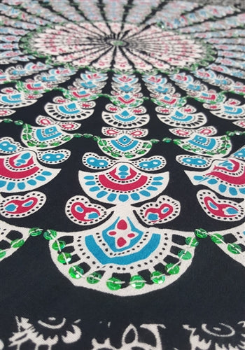 Mandala Sarong - Black With White and Green Sequins By AllSarongs