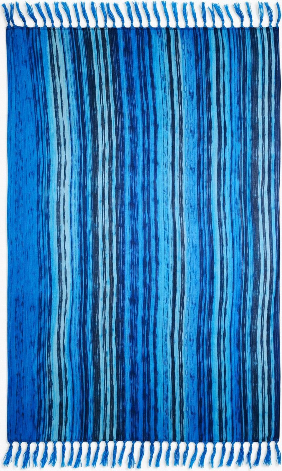 Blue striped sarong with fringe on a plain background
