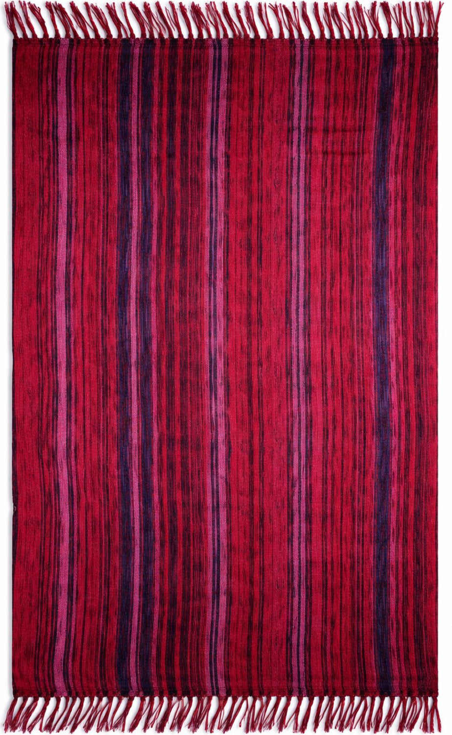 Red and pink, plus size, striped sarong with fringe on a white background
