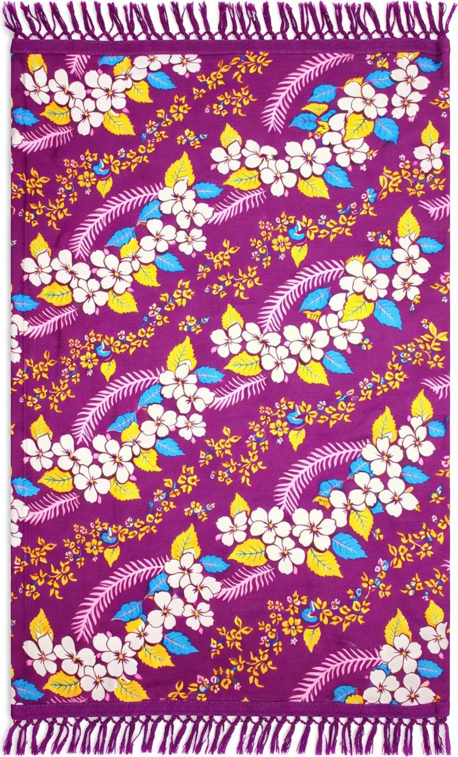 Floral patterned sarong with colorful flowers on a purple background