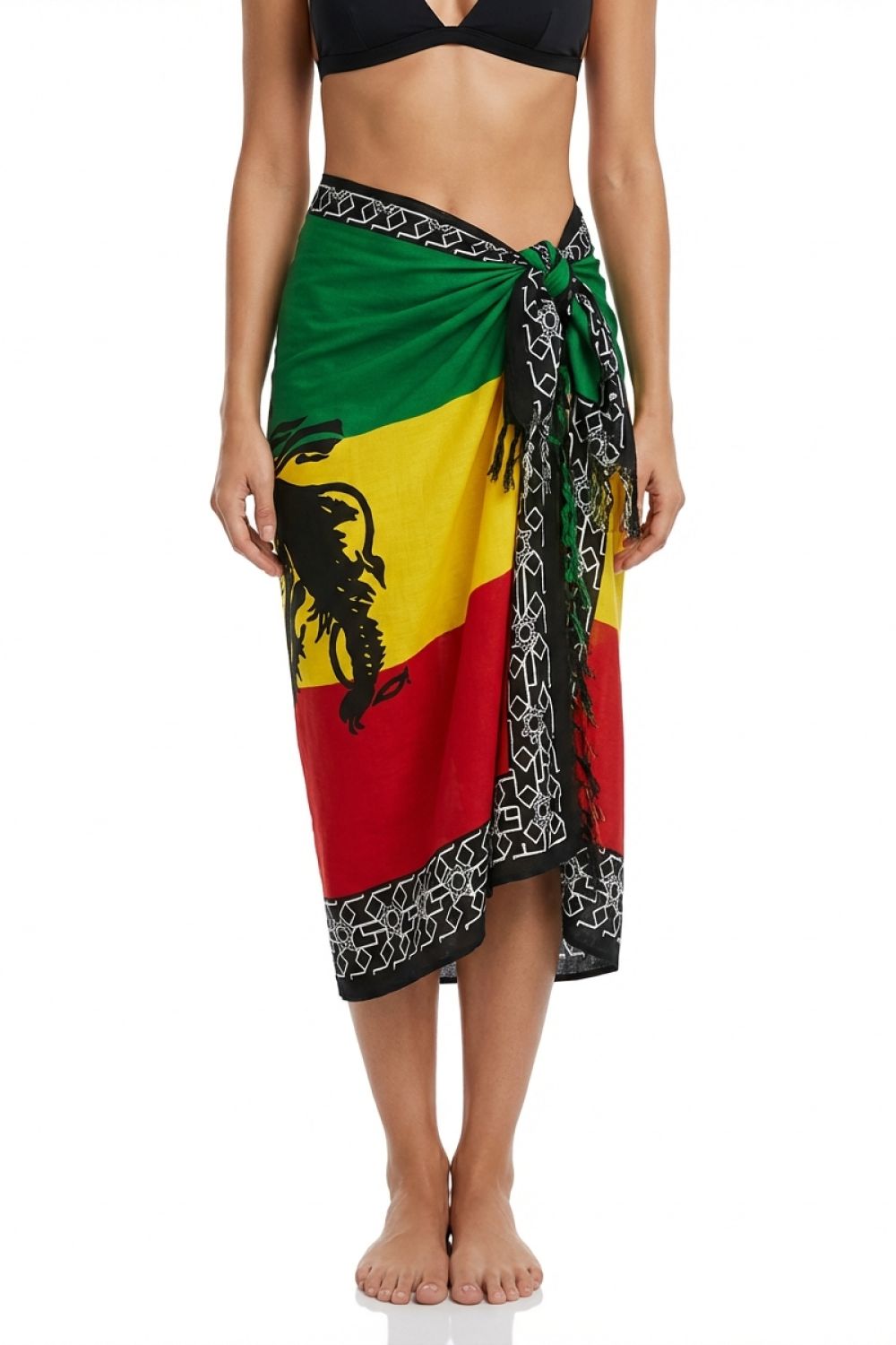 Person wearing a colorful sarong with a flag design on a white background