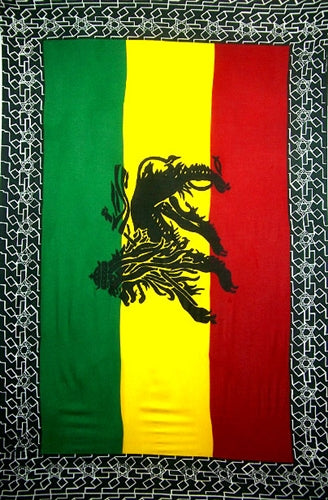 Sarong with green, yellow, and red stripes featuring a black lion emblem on a decorative border.