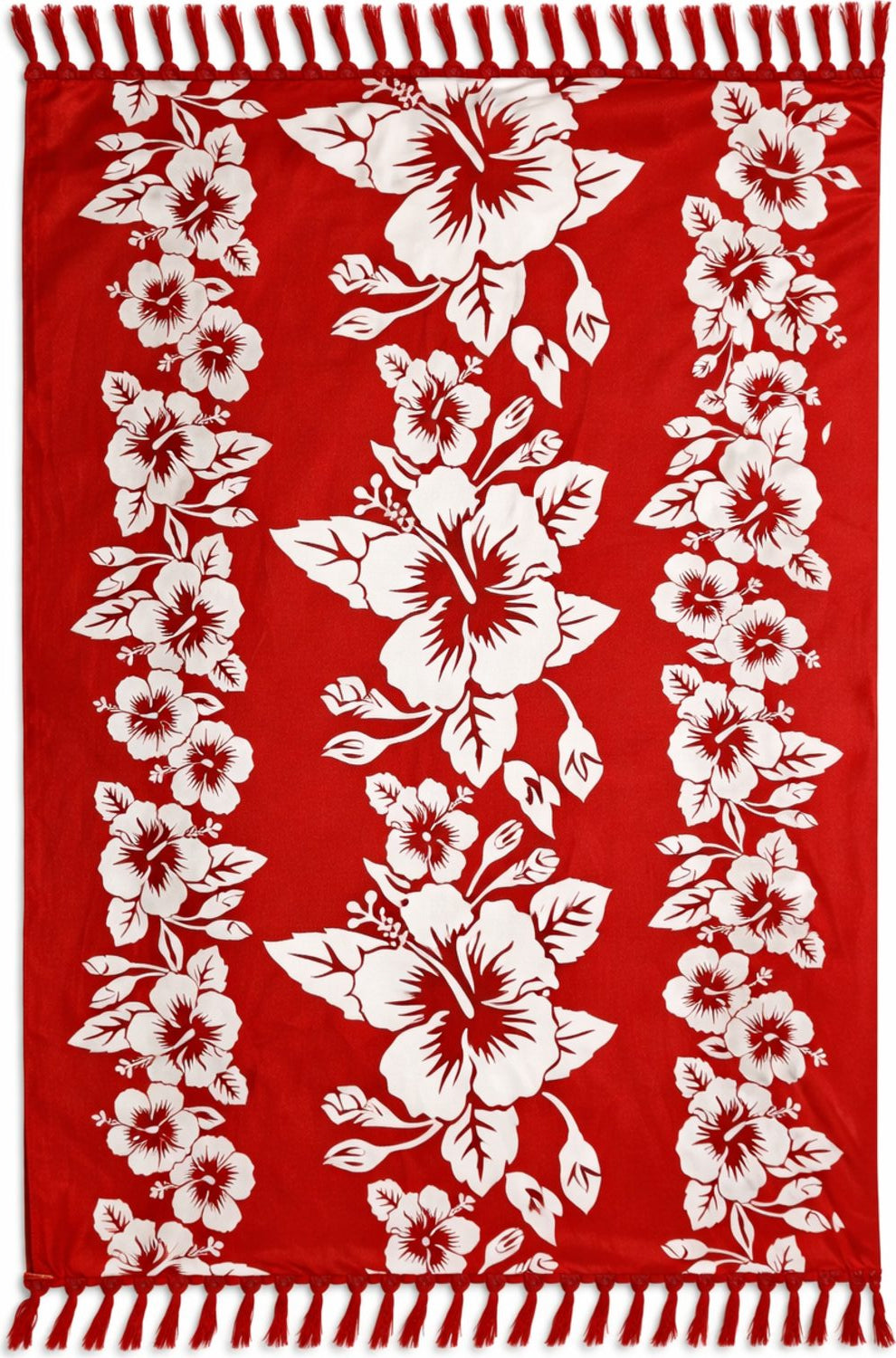 Floral patterned sarong with white flowers on a red background