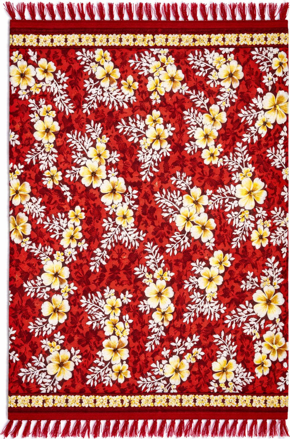 Floral patterned sarong with yellow and white flowers on a red background