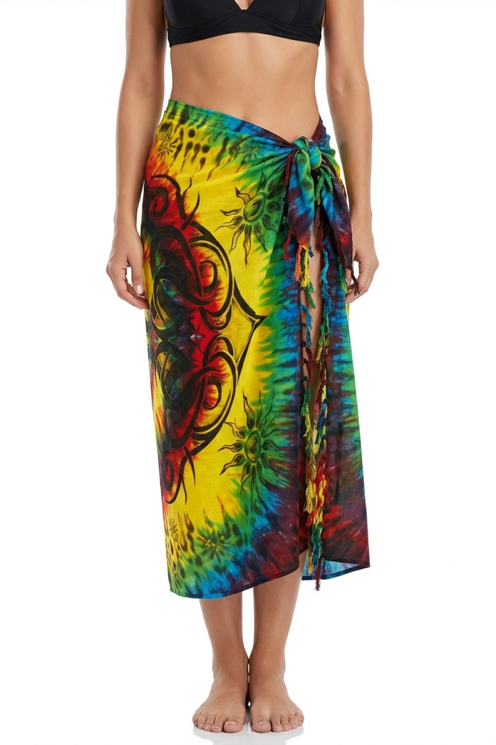 Multicolored tie-dye sarong with a design on a white background