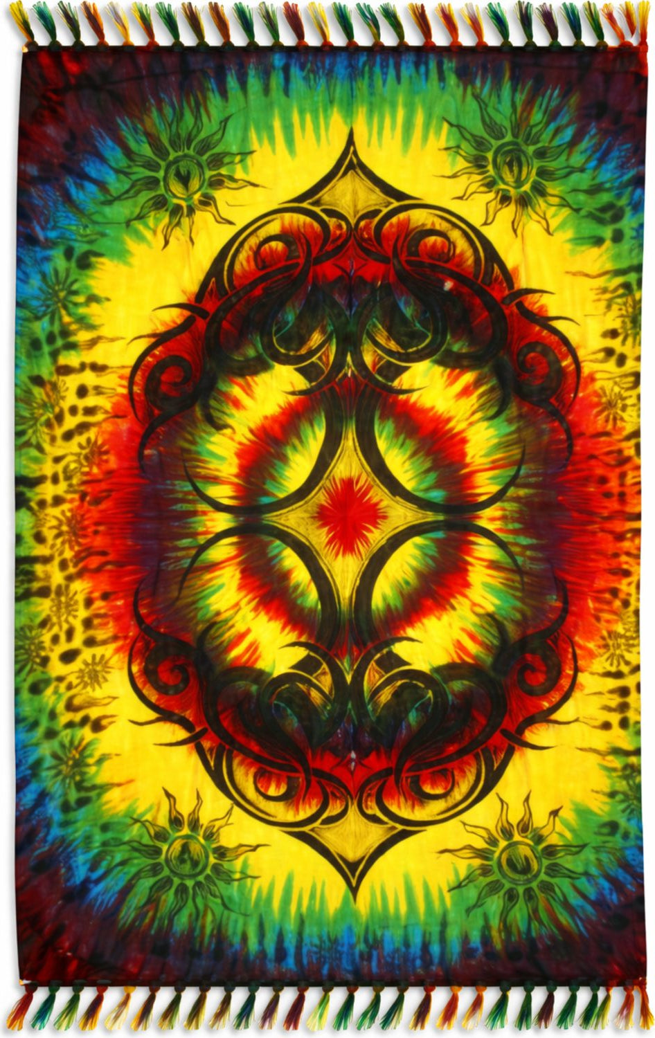 Tie-dye sarong with a central mandala design in red, yellow, and blue on a multicolored background.