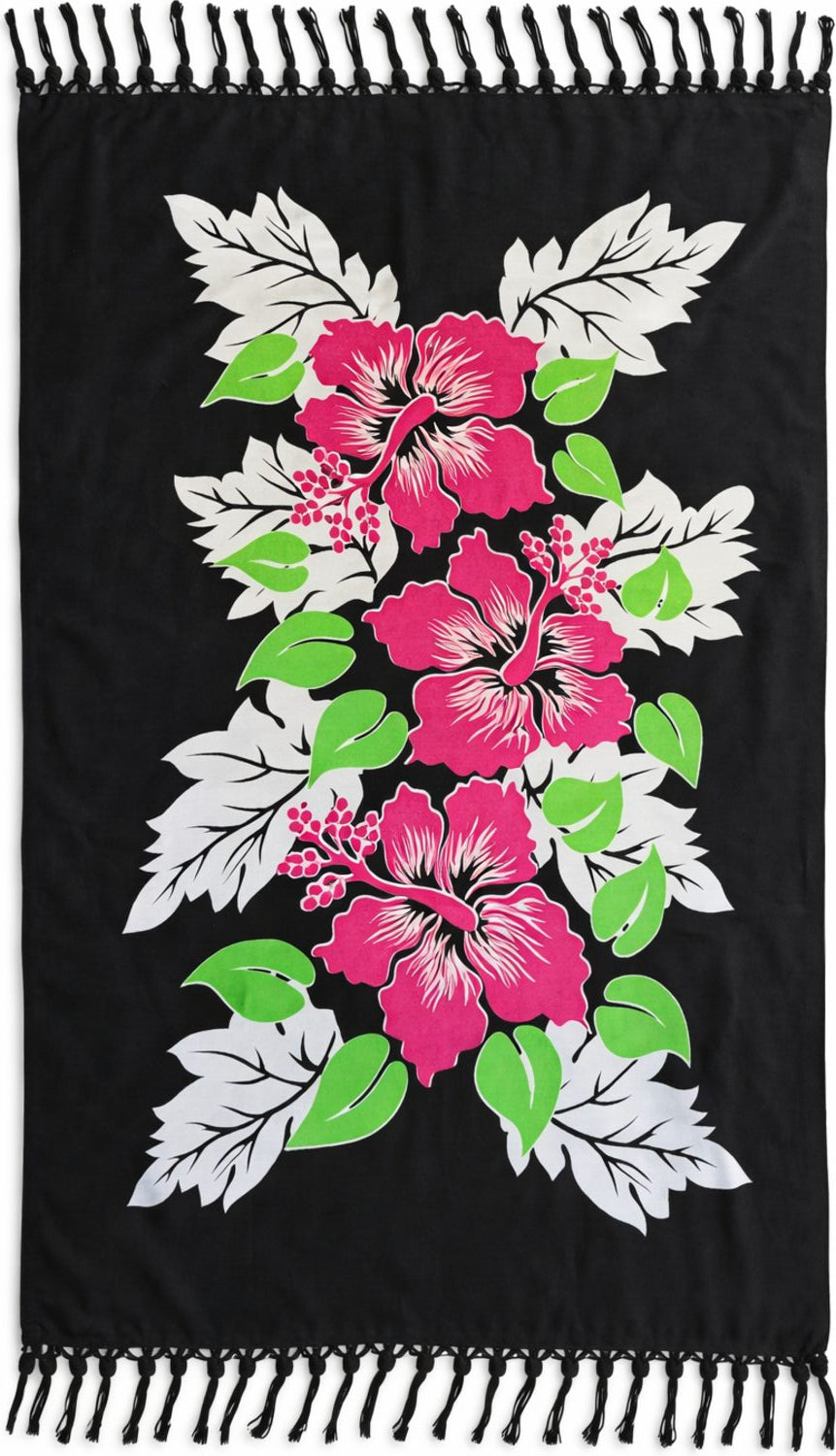 Black sarong with pink floral design and fringe