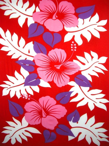 Three Pink Hibiscus Flowers Red Sarong By AllSarongs