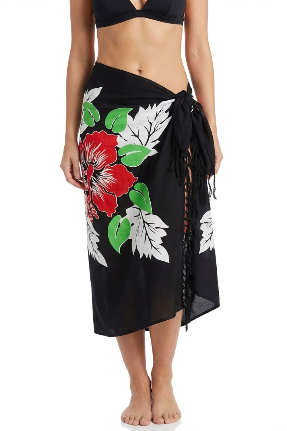 Black floral sarong with red and green flowers on a white background