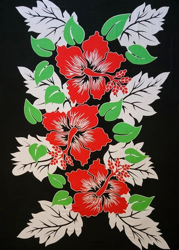 Three Red Hibiscus Flowers on Black Sarong By AllSarongs
