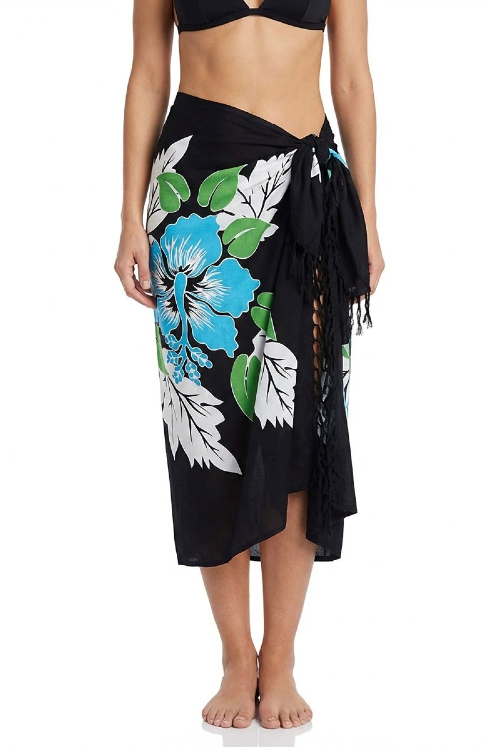 Black floral sarong wrap skirt with blue flowers and green and white leaves