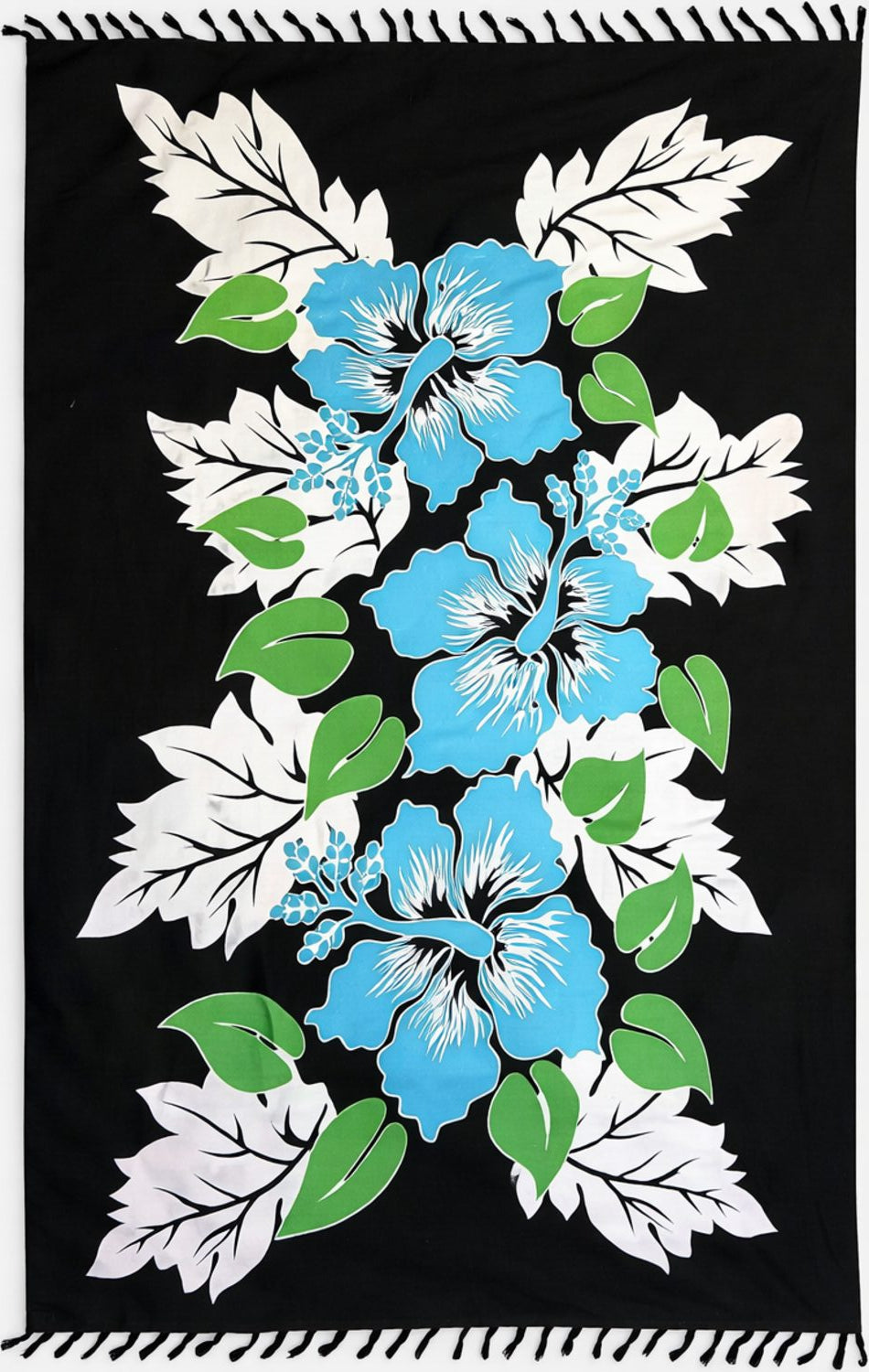 Floral design with blue, white, and green flowers on a black background
