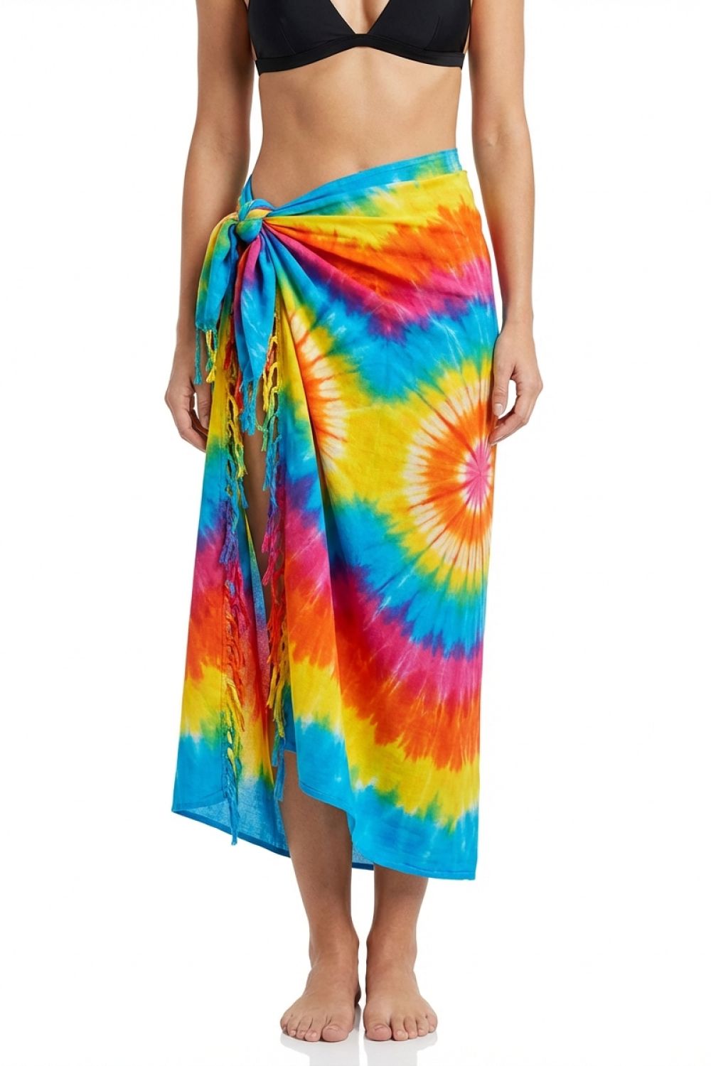 Person wearing a colorful tie-dye sarong on a white background