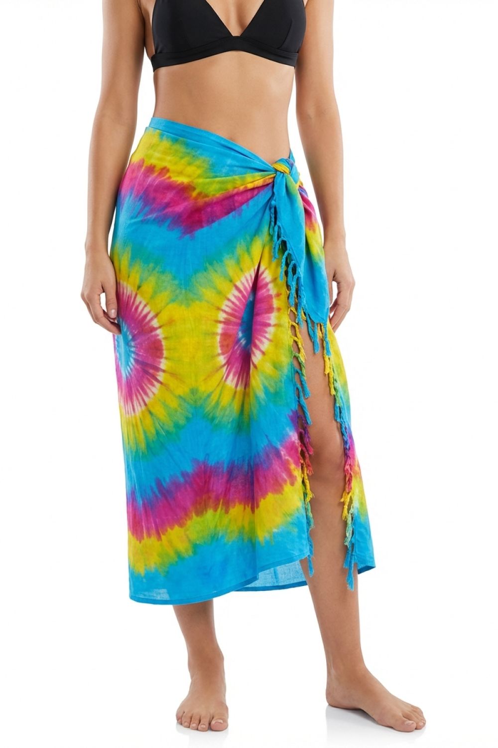Person wearing a colorful tie-dye sarong on a white background