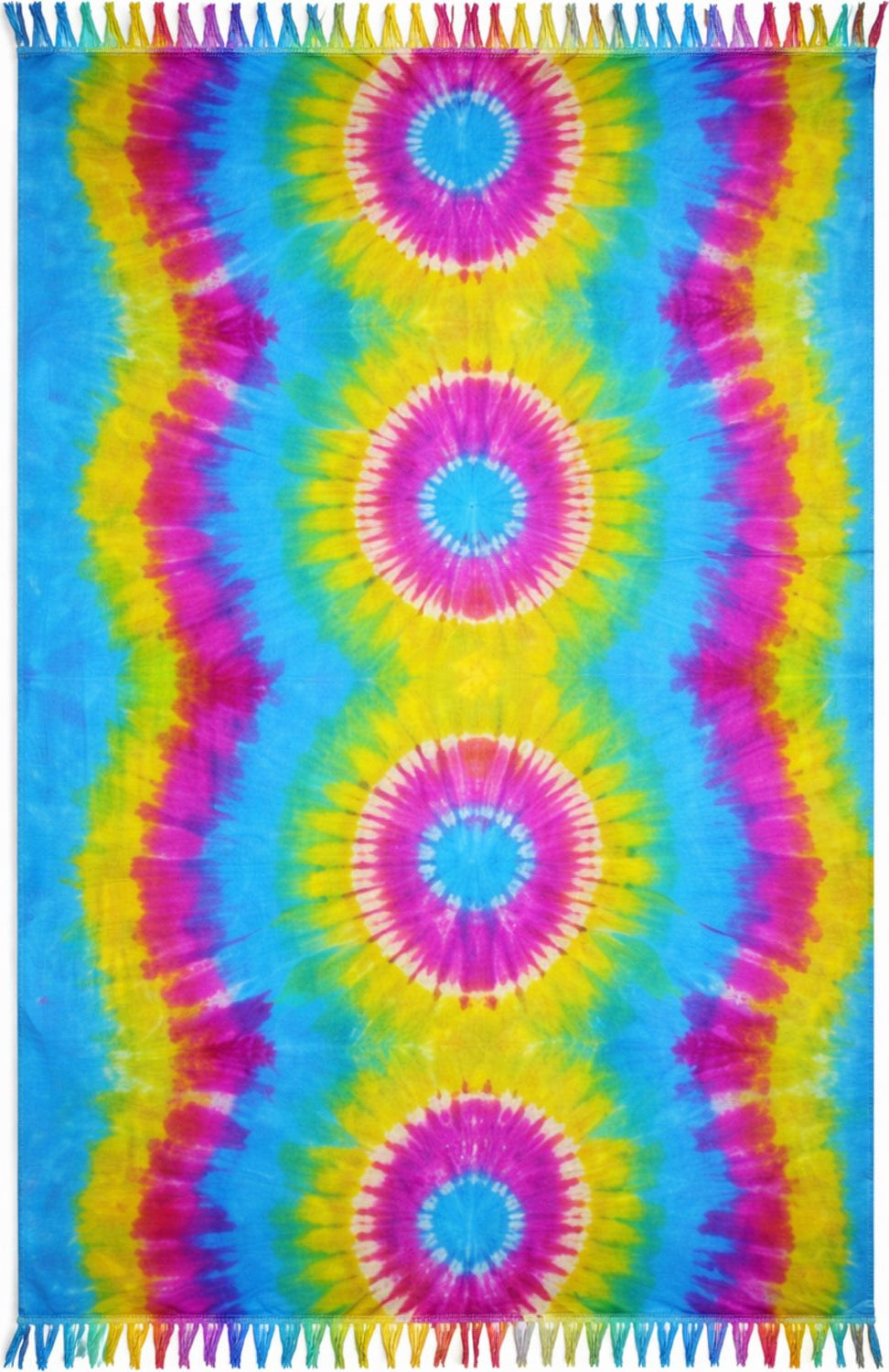Tie-dye pattern with pink, yellow, and blue colors on a blue background