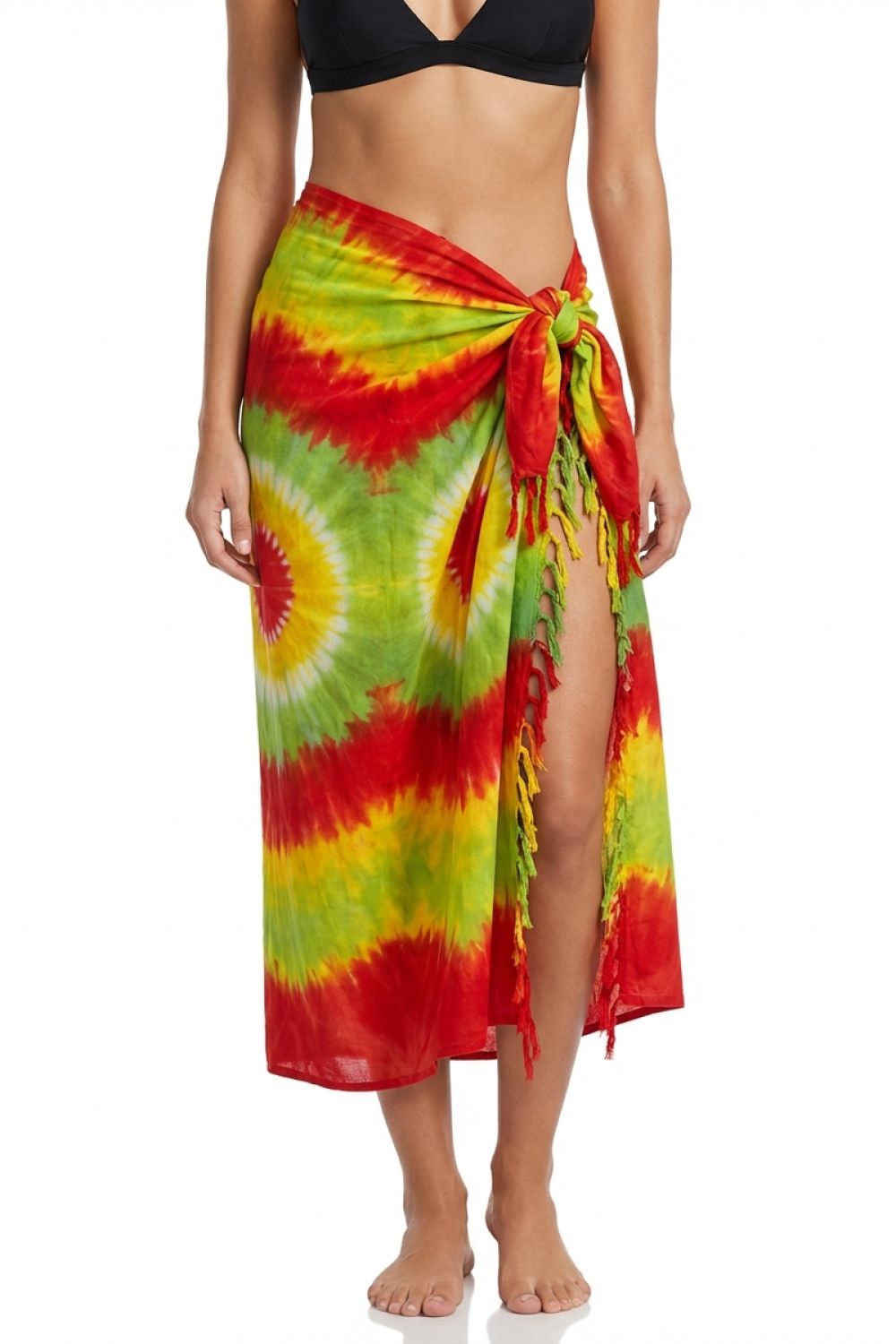 Person wearing a colorful tie-dye sarong on a white background