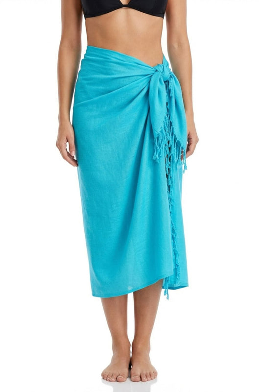Turquoise sarong with fringe on a white background