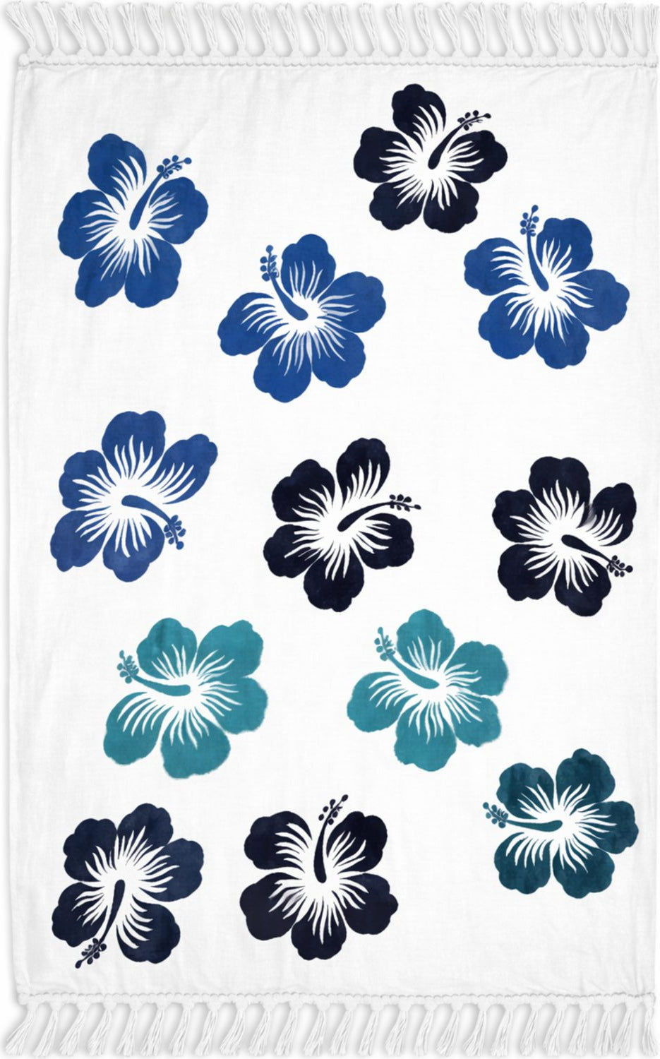 White sarong with blue and black floral patterns