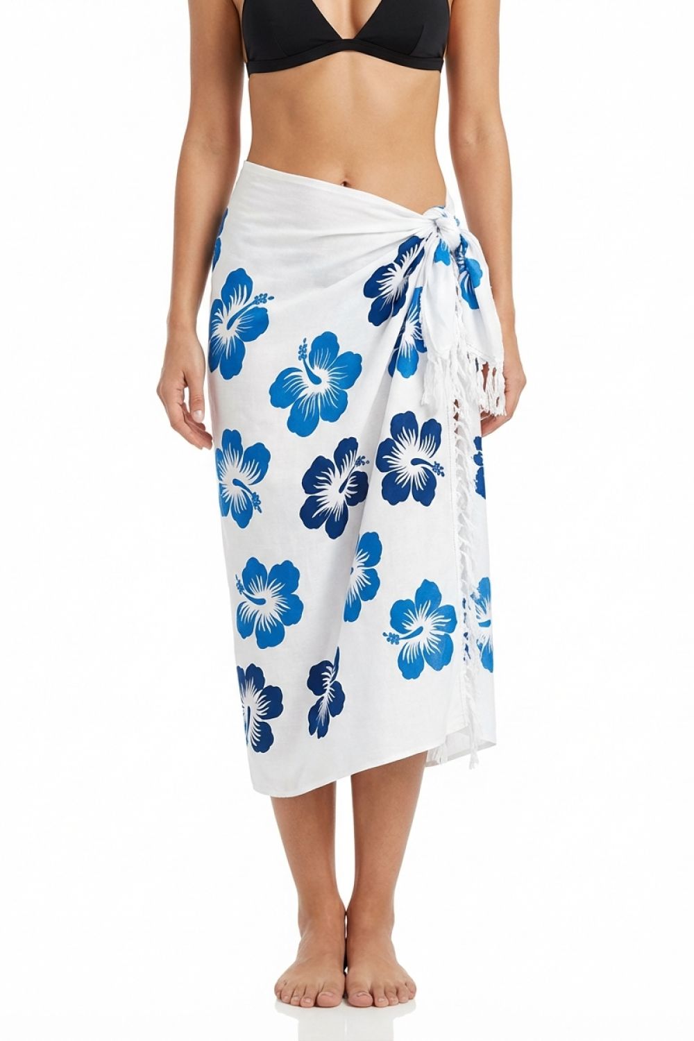 White sarong with blue floral pattern worn by a person on a white background