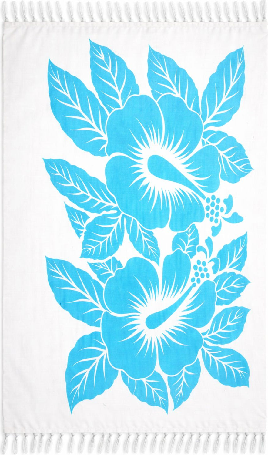 White sarong with blue floral patterns on a white background