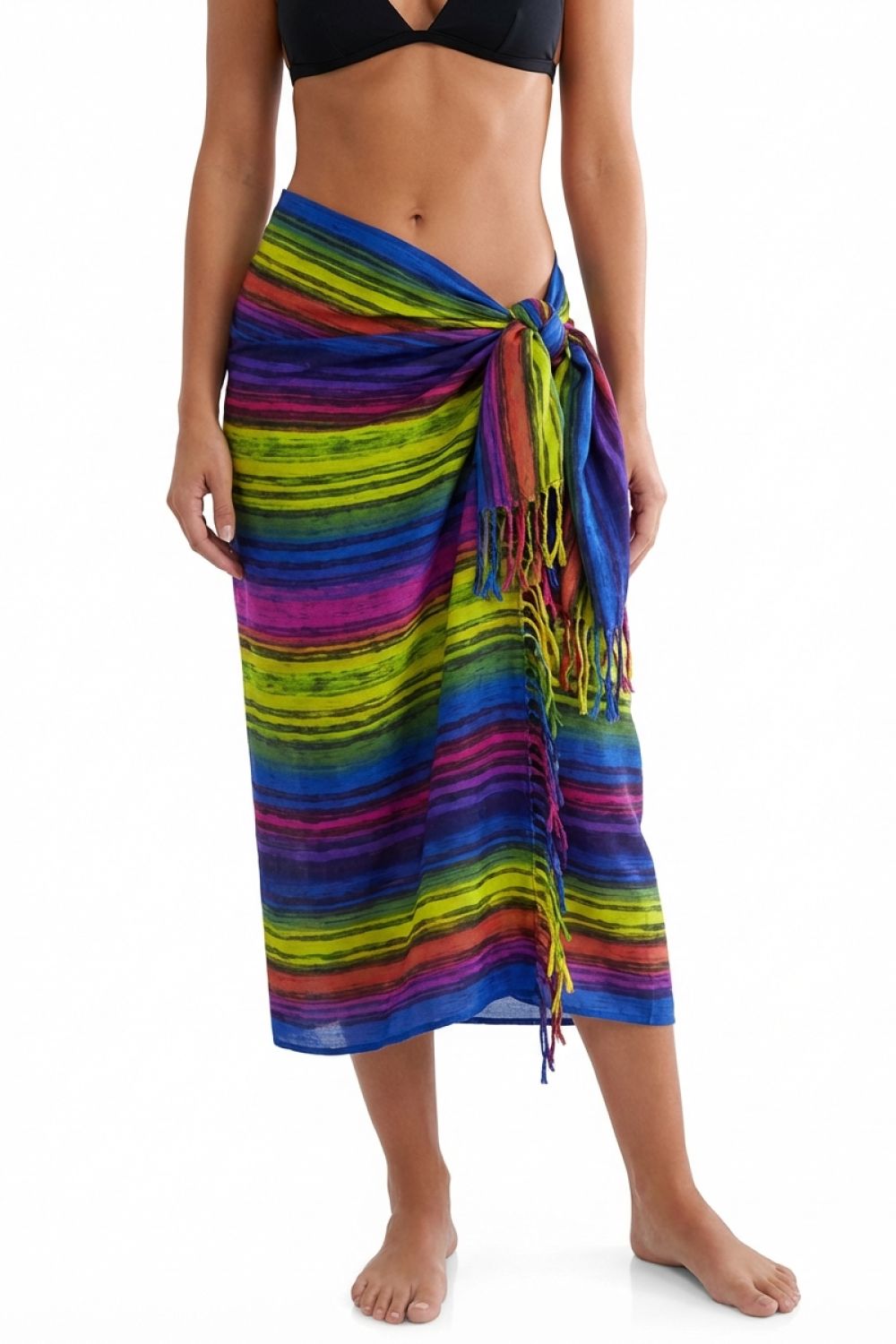 Multicolored striped sarong worn by a person on a white background