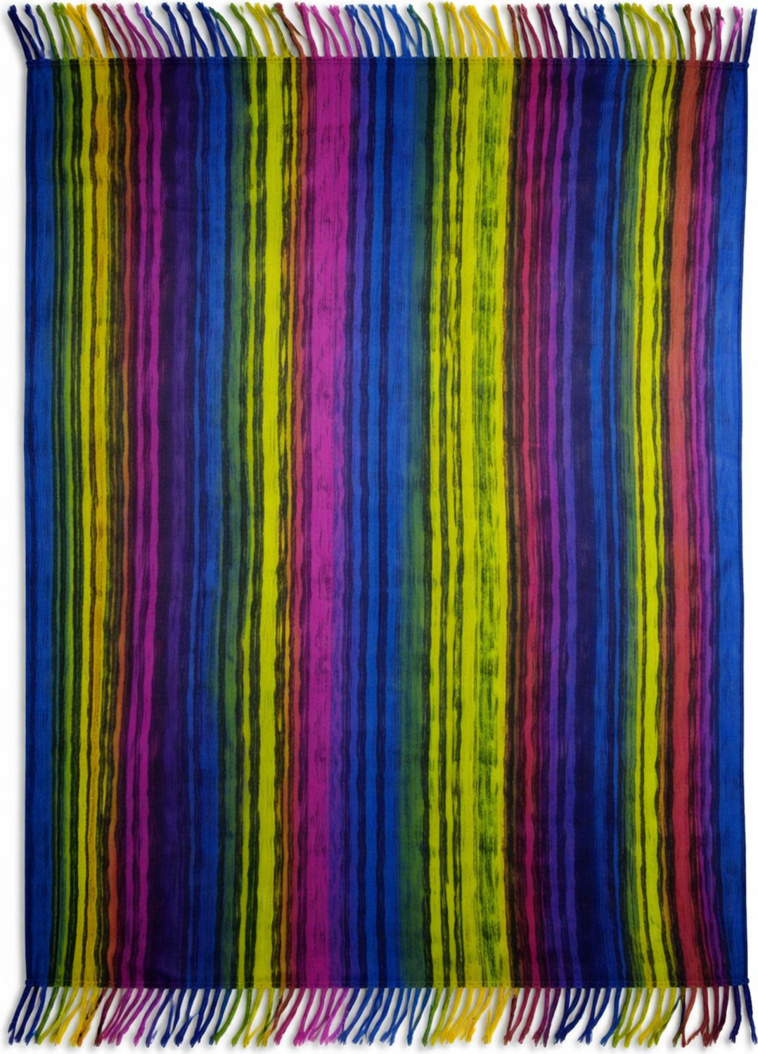 Colorful striped sarong with fringes on a white background