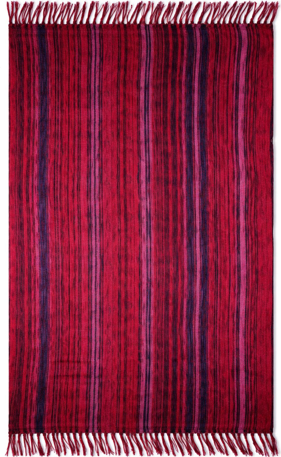 Red and pink striped sarong with fringe on a white background